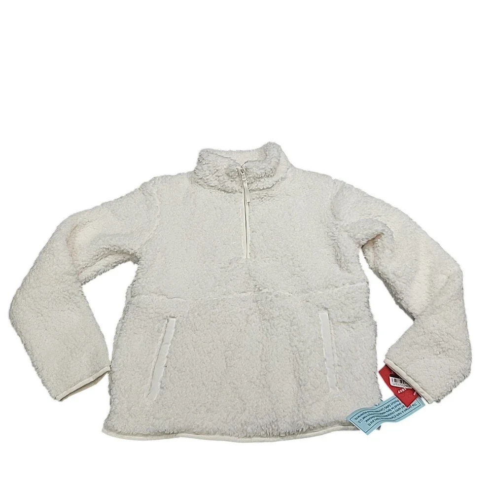 Kids' Large Sz 10/12 White Sherpa Fleece Lounge Pullover Quarter Zip Top Pockets
